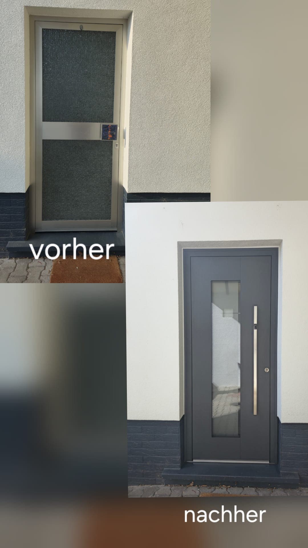 Haustür-Sanierung vorher/nachher: alte Tür gegen moderne Anthrazit-Tür getauscht, Referenz aus dem Rhein-Main-Gebiet